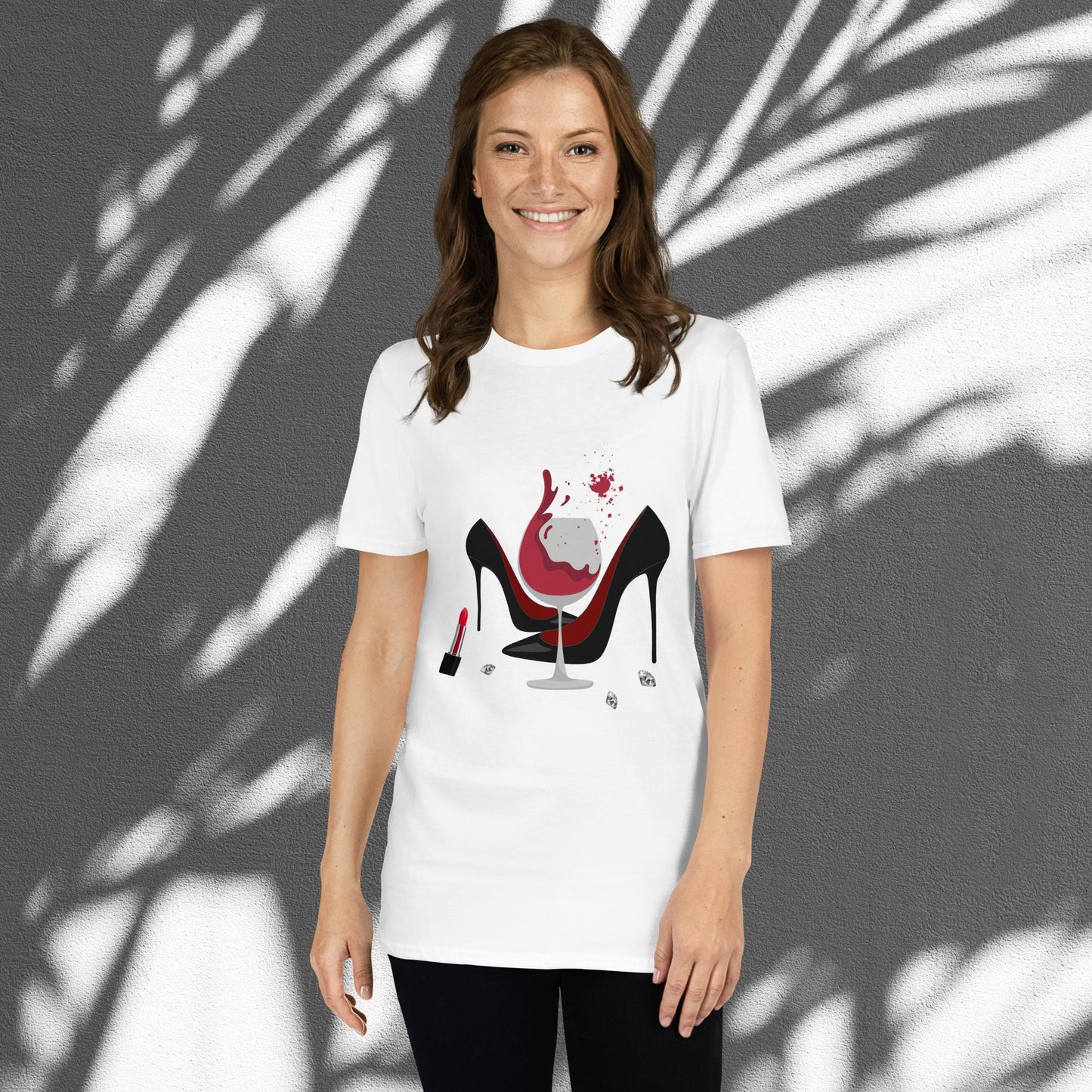 Women's - High heel shoes, red lipstick, red wine glass and diamonds T-Shirt