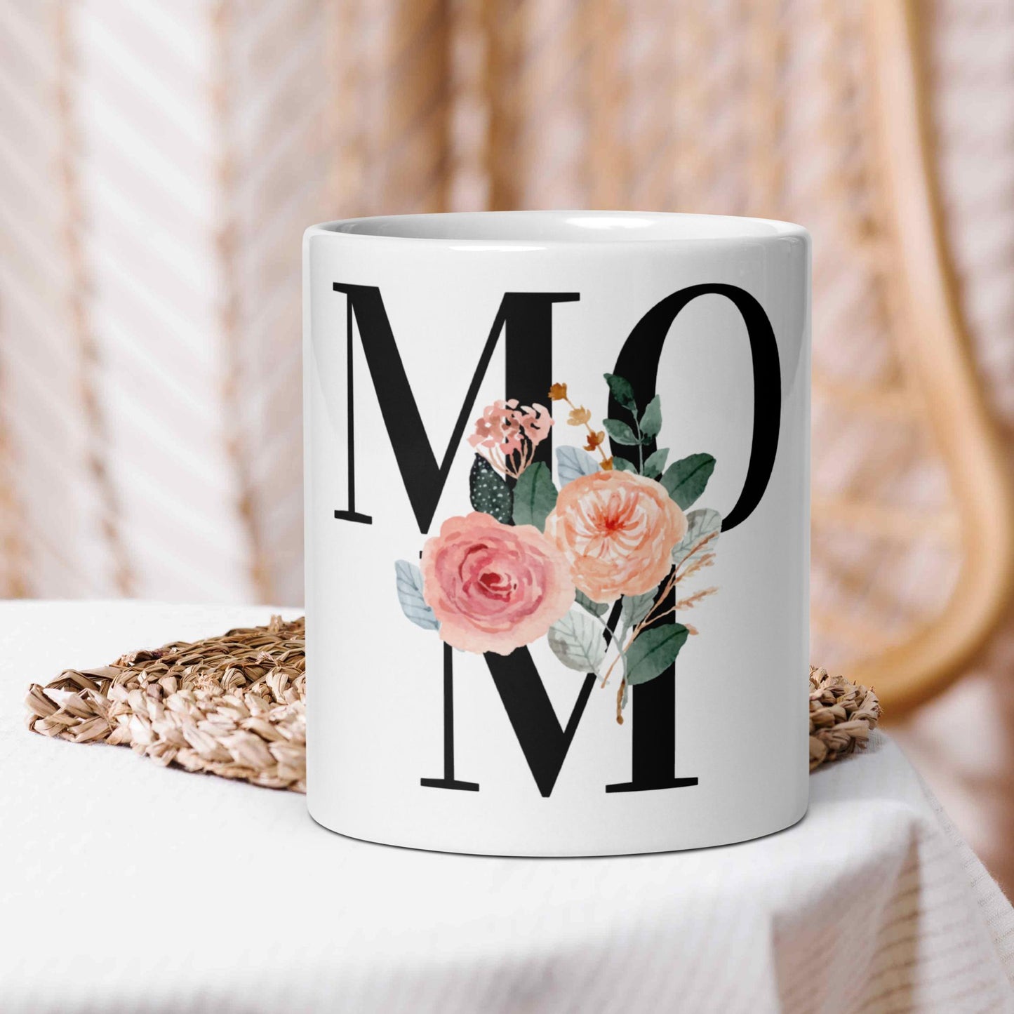 MOM Floral White Glossy Mug