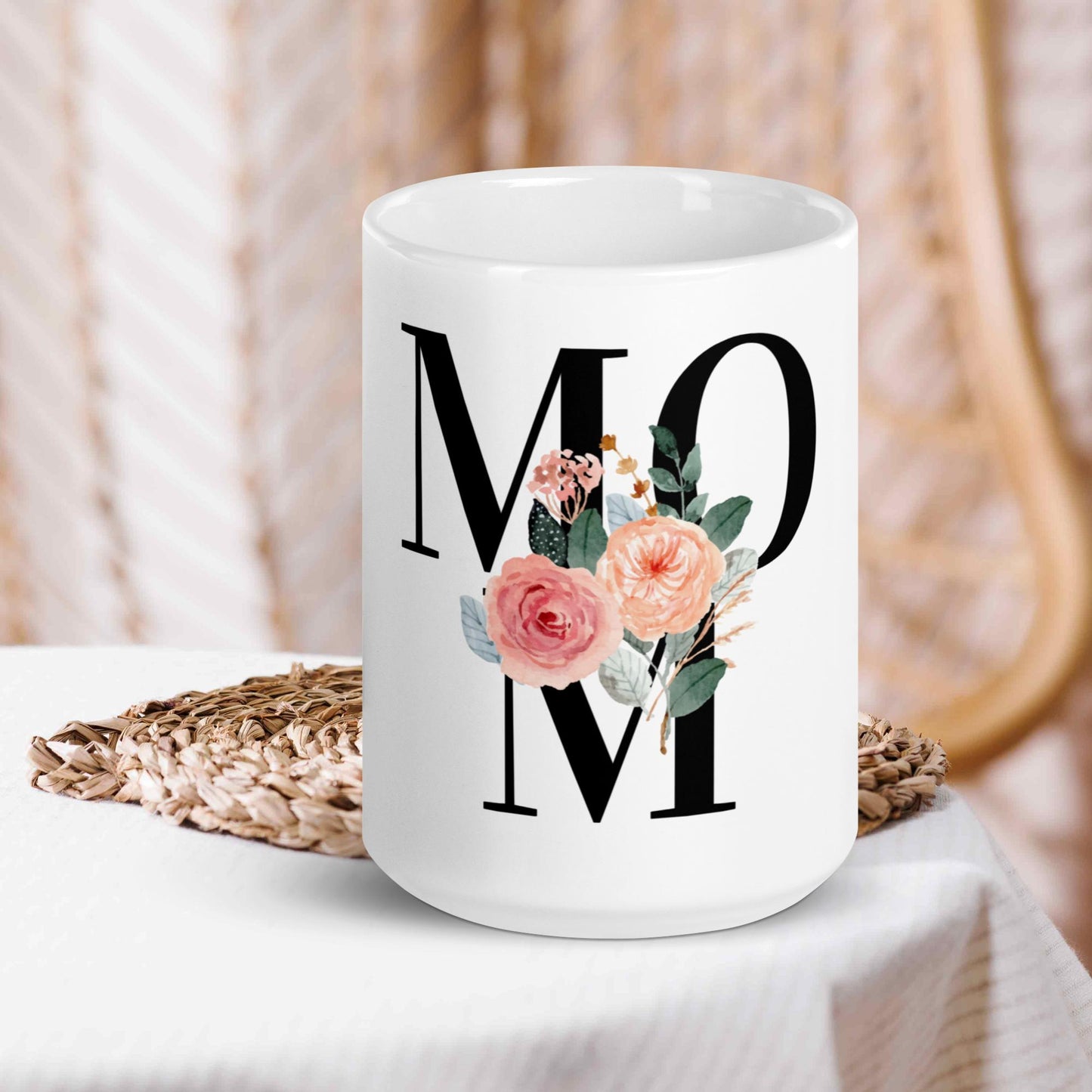 MOM Floral White Glossy Mug